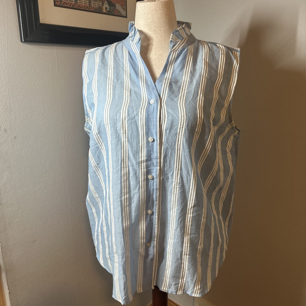 Ann Taylor Blue & White Stripe Top Button Front Sleeveless Ruffle Collar XL